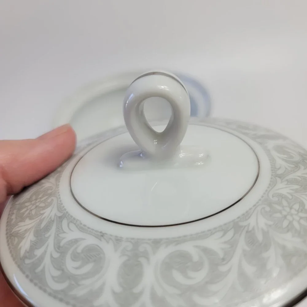 Imperial China Whitney Sugar Bowl & Lid White Gray Band Leaf Scrolls W. Dalton